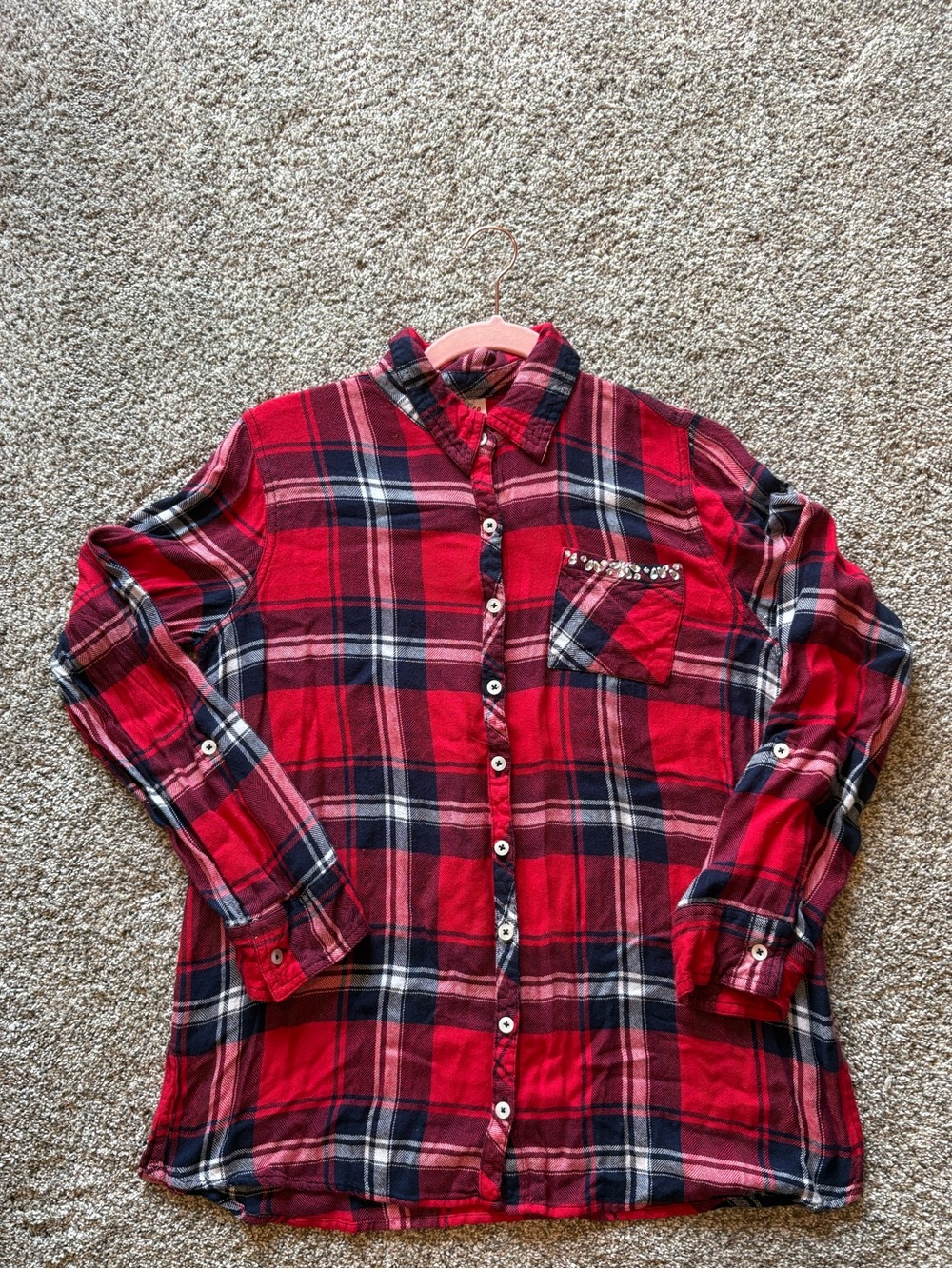 Justice Red and Navy Plaid Button-Up Shirt with Jewels.